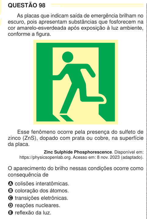 QUESTÃO 98 As placas que indicam saída de emergência brilham no escuro, pois apresentam substâncias que fosforecem na cor amarelo-esverdeada após exposição à luz ambiente, conforme a figura. Esse fenômeno ocorre pela presença do sulfeto de zinco (ZnS), dopado com prata ou cobre, na superfície da placa. Zinc Sulphide Phosphorescence. Disponível em: https://physicsopenlab.org. Acesso em: 8 nov. 2023 (adaptado). O aparecimento do brilho nessas condições ocorre como consequência de A colisões interatômicas. B coloração dos átomos. C transições eletrônicas. D reações nucleares. E reflexão da luz. N