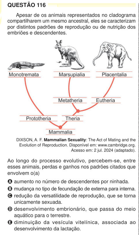 QUESTÃO 116 Apesar de os animais representados no cladograma compartilharem um mesmo ancestral, eles se caracterizam por distintos padrões de reprodução ou de nutrição dos embriões e descendentes. DIXSON, A. F. Mammalian Sexuality: The Act of Mating and the Evolution of Reproduction. Disponível em: www.cambridge.org. Acesso em: 2 jul. 2024 (adaptado). Ao longo do processo evolutivo, percebem-se, entre esses animais, perdas e ganhos nos padrões citados que envolvem o(a) A aumento no número de descendentes por ninhada. B mudança no tipo de fecundação de externa para interna. C redução da versati