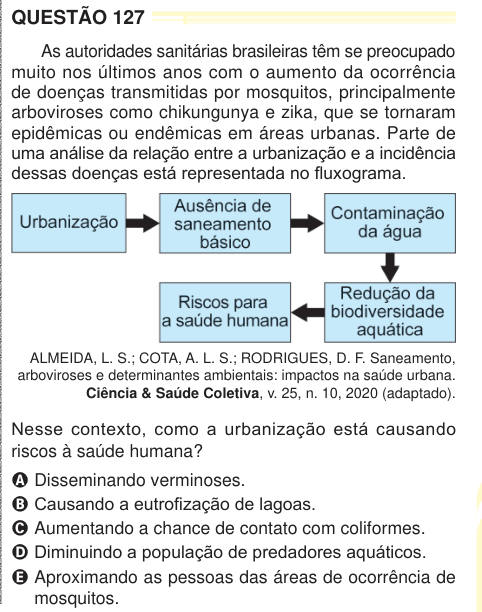 QUESTÃO 127 As autoridades sanitárias brasileiras têm se preocupado muito nos últimos anos com o aumento da ocorrência de doenças transmitidas por mosquitos, principalmente arboviroses como chikungunya e zika, que se tornaram epidêmicas ou endêmicas em áreas urbanas. Parte de uma análise da relação entre a urbanização e a incidência dessas doenças está representada no fluxograma. ALMEIDA, L. S.; COTA, A. L. S.; RODRIGUES, D. F. Saneamento, arboviroses e determinantes ambientais: impactos na saúde urbana. Ciência & Saúde Coletiva, v. 25, n. 10, 2020 (adaptado). Nesse contexto, como a urbanizaçã