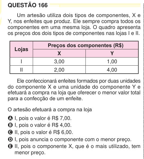 QUESTÃO 166 Um artesão utiliza dois tipos de componentes, X e Y, nos enfeites que produz. Ele sempre compra todos os componentes em uma mesma loja. O quadro apresenta os preços dos dois tipos de componentes nas lojas I e II. Lojas Preços dos componentes (R$) X Y I 3,00 1,00 II 2,00 4,00 Ele confeccionará enfeites formados por duas unidades do componente X e uma unidade do componente Y e efetuará a compra na loja que oferecer o menor valor total para a confecção de um enfeite. O artesão efetuará a compra na loja A I, pois o valor é R$ 7,00. B I, pois o valor é R$ 4,00. C II, pois o valor é R$ 6