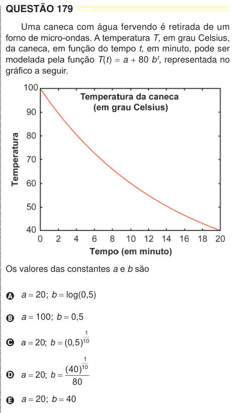 QUESTÃO 179 Uma caneca com água fervendo é retirada de um forno de micro-ondas. A temperatura T, em grau Celsius, da caneca, em função do tempo t, em minuto, pode ser modelada pela função T(t) = a + 80 bt, representada no gráfico a seguir. Os valores das constantes a e b são A a = 20; b = log(0,5) B a = 100; b = 0,5 C a b = = 20 0 5 1 10 ; ( , ) D a b = = 20 40 80 1 10 ; ( ) E a = 20; b = 40 24