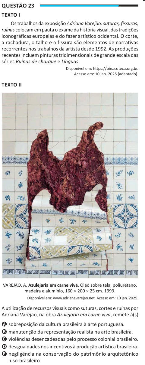 Questão 23 TEXTO I Os trabalhos da exposição Adriana Varejão: suturas, fissuras, ruínas colocam em pauta o exame da história visual, das tradições iconográficas europeias e do fazer artístico ocidental. O corte, a rachadura, o talho e a fissura são elementos de narrativas recorrentes nos trabalhos da artista desde 1992. As produções recentes incluem pinturas tridimensionais de grande escala das séries Ruínas de charque e Línguas. Disponível em: https://pinacoteca.org.br. Acesso em: 10 jan. 2025 (adaptado). TEXTO II VAREJÃO, A. Azulejaria em carne viva. Óleo sobre tela, poliuretano, madeira e a