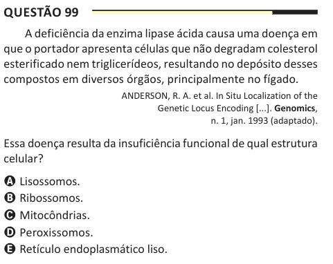 Questão 99 A deficiência da enzima lipase ácida causa uma doença em que o portador apresenta células que não degradam colesterol esterificado nem triglicerídeos, resultando no depósito desses compostos em diversos órgãos, principalmente no fígado. ANDERSON, R. A. et al. In Situ Localization of the Genetic Locus Encoding [...]. Genomics, n. 1, jan. 1993 (adaptado). Essa doença resulta da insuficiência funcional de qual estrutura celular? A Lisossomos. B Ribossomos. C Mitocôndrias. D Peroxissomos. E Retículo endoplasmático liso.