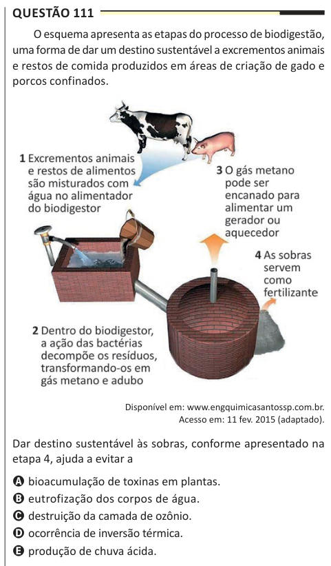 Questão 111 O esquema apresenta as etapas do processo de biodigestão, uma forma de dar um destino sustentável a excrementos animais e restos de comida produzidos em áreas de criação de gado e porcos confinados. Disponível em: www.engquimicasantossp.com.br. Acesso em: 11 fev. 2015 (adaptado). Dar destino sustentável às sobras, conforme apresentado na etapa 4, ajuda a evitar a A bioacumulação de toxinas em plantas. B eutrofização dos corpos de água. C destruição da camada de ozônio. D ocorrência de inversão térmica. E produção de chuva ácida.