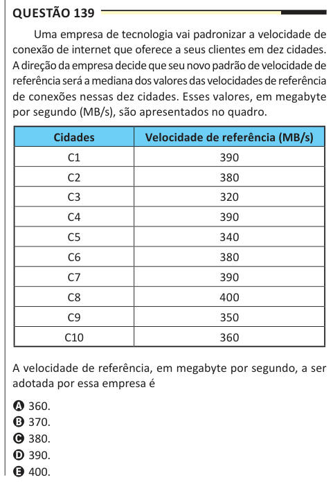 Questão 139 Uma empresa de tecnologia vai padronizar a velocidade de conexão de internet que oferece a seus clientes em dez cidades. A direção da empresa decide que seu novo padrão de velocidade de referência será a mediana dos valores das velocidades de referência de conexões nessas dez cidades. Esses valores, em megabyte por segundo (MB/s), são apresentados no quadro. Cidades Velocidade de referência (MB/s) C1 390 C2 380 C3 320 C4 390 C5 340 C6 380 C7 390 C8 400 C9 350 C10 360 A velocidade de referência, em megabyte por segundo, a ser adotada por essa empresa é A 360. B 370. C 380. D 390. E 