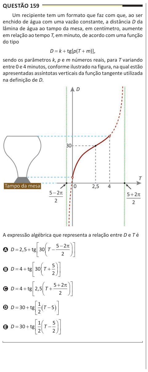 Questão 159 Um recipiente tem um formato que faz com que, ao ser enchido de água com uma vazão constante, a distância D da lâmina de água ao tampo da mesa, em centímetro, aumente em relação ao tempo T, em minuto, de acordo com uma função do tipo D = k + tg[p(T + m)], sendo os parâmetros k, p e m números reais, para T variando entre 0 e 4 minutos, conforme ilustrado na figura, na qual estão apresentadas assíntotas verticais da função tangente utilizada na definição de D. A expressão algébrica que representa a relação entre D e T é A D T O 1 3 3        2 5 30 5 2 2 , tg ° B D T O 1 1 