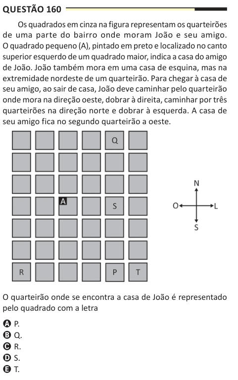 Questão 160 Os quadrados em cinza na figura representam os quarteirões de uma parte do bairro onde moram João e seu amigo. O quadrado pequeno (A), pintado em preto e localizado no canto superior esquerdo de um quadrado maior, indica a casa do amigo de João. João também mora em uma casa de esquina, mas na extremidade nordeste de um quarteirão. Para chegar à casa de seu amigo, ao sair de casa, João deve caminhar pelo quarteirão onde mora na direção oeste, dobrar à direita, caminhar por três quarteirões na direção norte e dobrar à esquerda. A casa de seu amigo fica no segundo quarteirão a oeste. 